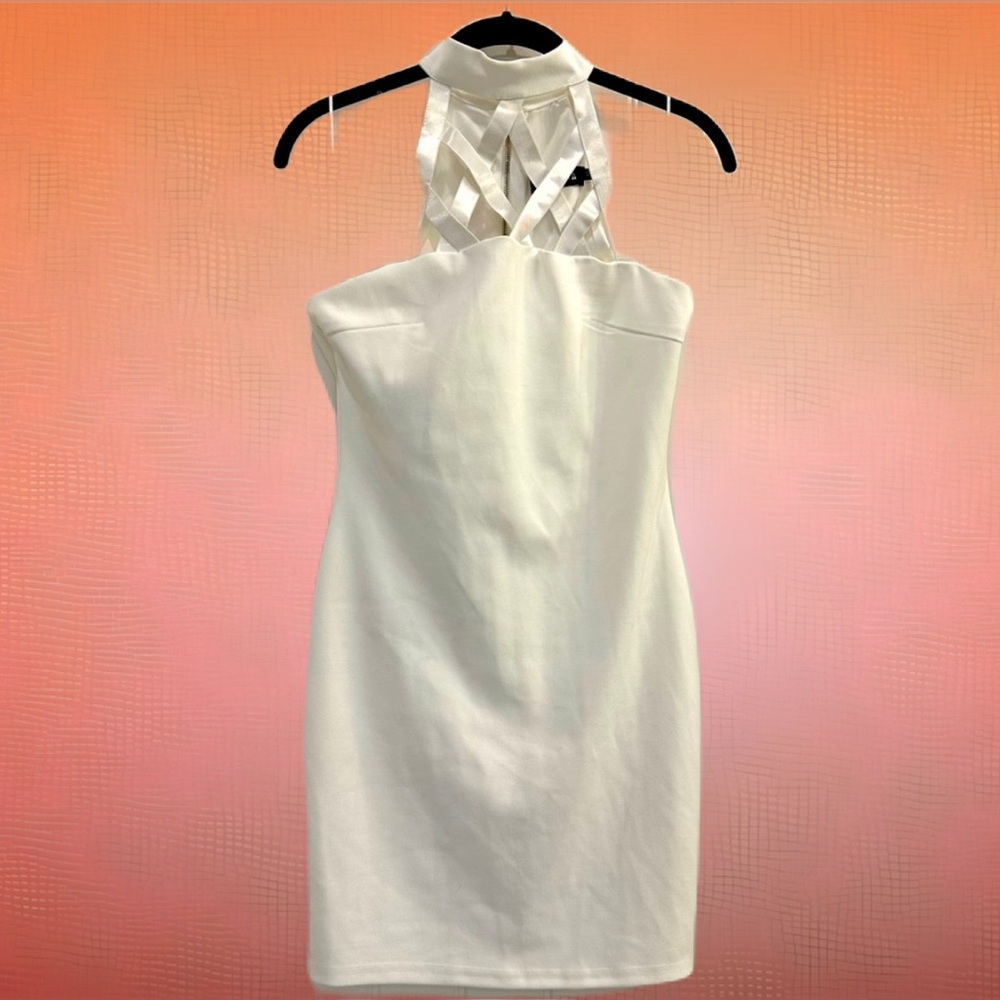 ASOS bodycon dress, white elastic ribbons crisscross US 4